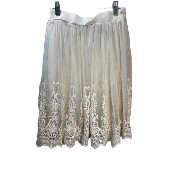 Forever 21 Beige Embroidered Lace Overlay Skirt‎ With Elastic Waistband S - Picture 2 of 5